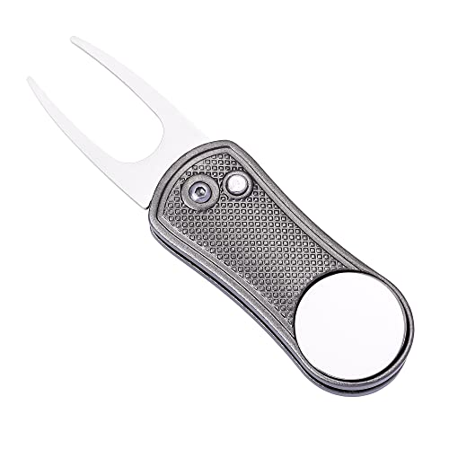 Mile High Life Golf Divot Repair Tool, All Metal Foldable Divot Tool with Pop-up Button & Magnetic Ball Marker - color: Gray Undulate