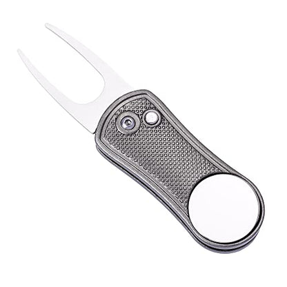 Mile High Life Golf Divot Repair Tool, All Metal Foldable Divot Tool with Pop-up Button & Magnetic Ball Marker - color: Gray Undulate