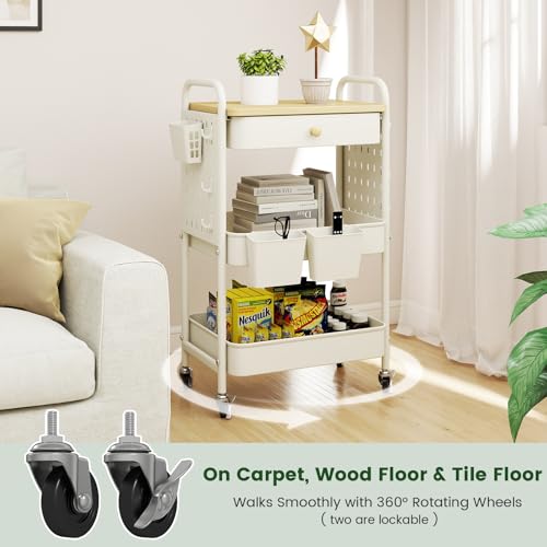 danpinera Rolling Utility Cart with Drawer, 3 Tier Rolling Cart with Wheels, Hooks & Hanging Cups, Craft Cart Art Cart Snack Cart Rolling Storage Cart with Wooden Table Top & DIY Pegboards, White - color: White, size: with pegboards