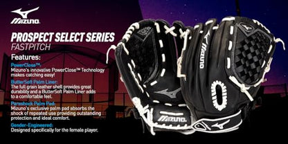 Mizuno Prospect Select Fastpitch Softball Glove Series | Full Grain Leather | Female Specific Patterns | Buttersoft Palm Liner - color: Black/White Catcher's Mitt