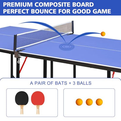6FT Ping Pong Table Foldable Midsize Table Tennis Table for with Net, Table Tennis Paddles and Balls, MDF Multi-Use Family Game Table Assembly Free for Kid Teenager Adult, Compact & Portable
