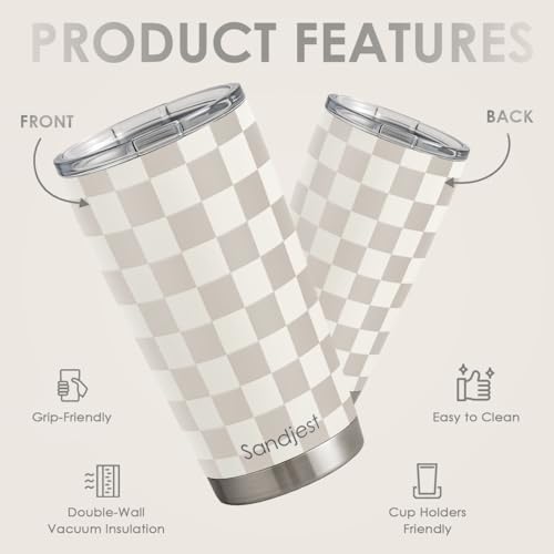 SANDJEST Checkered Tumbler 20oz Stainless Steel Insulated, Checker Travel Coffee Cup, Bow Gifts for Women Girls Teen, Birthday Christmas (Beige) - color: Checker (Beige)