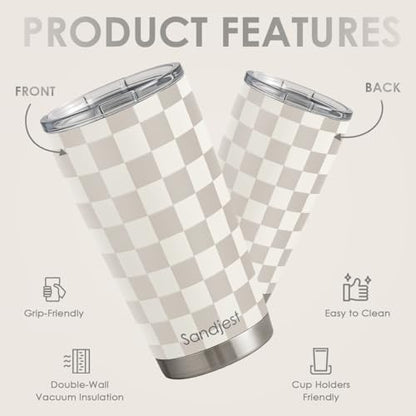 SANDJEST Checkered Tumbler 20oz Stainless Steel Insulated, Checker Travel Coffee Cup, Bow Gifts for Women Girls Teen, Birthday Christmas (Beige) - color: Checker (Beige)