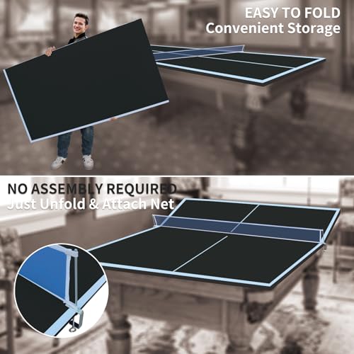 Ping Pong Table Top for Billiard Table - 9FT Foldable Table Tennis Table Topper for Pool Table with Net & Premium Foam Padding | Portable Table Tennis Conversion Top for Indoor Outdoor Games Black