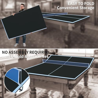 Ping Pong Table Top for Billiard Table - 9FT Foldable Table Tennis Table Topper for Pool Table with Net & Premium Foam Padding | Portable Table Tennis Conversion Top for Indoor Outdoor Games Black