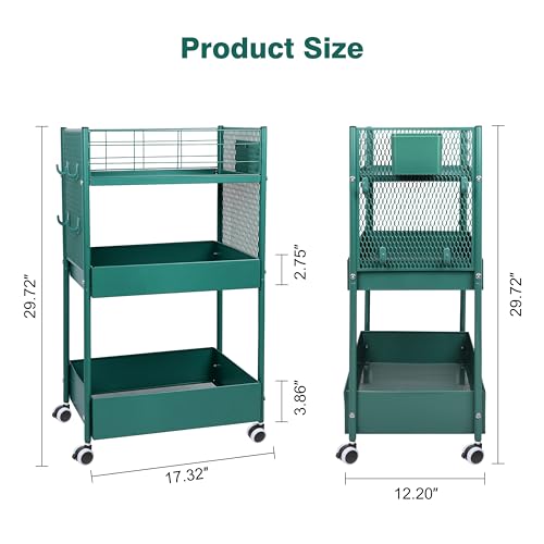 3-Tier Rolling Storage Cart Metal Utility Cart with Wheels, Office Organizer with Hanging Cups, Hooks, Book Snack Craft Mobile Shelving Unit for Office Kitchen Nursery - color: Green