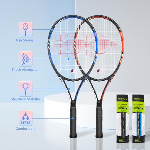 Adult 2 Player Tennis Racket Perfect for Beginner and Professional Players, 27” Speed Tennis Racquet Include Tennis Balls, Overgrips, Tennis Bag, Vibration Dampe, Cover - color: 2 Packs Blue-Orange