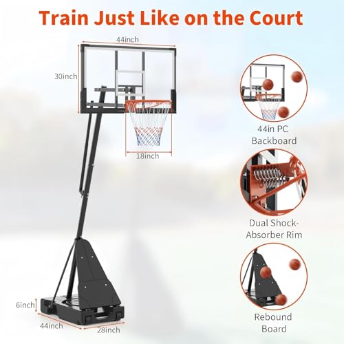 Basketball Hoop Outdoor 33/44/48 Inch Shatterproof PC Backboard, 4.92-10FT Stepless Adjustable Height, Portable Basketball Hoop with Wheels for Backyard, Driveway and Court - size: 44 Inch Backboard