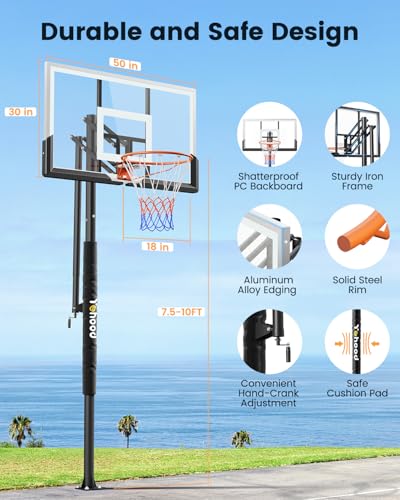 Yohood In Ground Basketball Hoop Outdoor 10FT Adjustable Height with Crank, in-Gound Basketball Goal System with 50 Inch Shatterproof PC Backborad and Solid Steel Rim