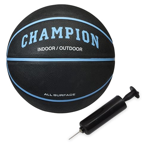 Champion Downtown Basketball - Durable Rubber Cover with Deep Channels for Better Control, Anti-Burst Butyl Bladder, Includes Ball Pump, for Indoor/Outdoor Play - color: BLACK/BONNIE BLUE, size: 7- 29.5"