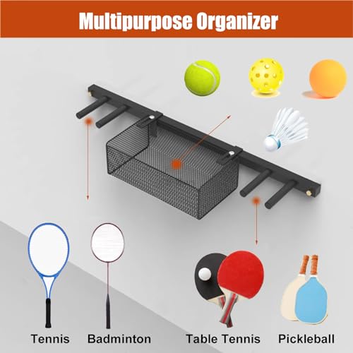 2 in 1 Wall Mounted Ball Holder Racket Rack, Hanging Equipment Organizer for Boys Bedroom/Studio/Garage, Metal Badminton Ping Pong Paddle Storage Display Stand (One Color)