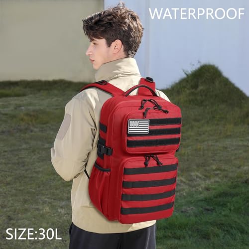 Wotony Military Tactical Backpack for Men Waterproof Daypack 3 Day Assault Pack Molle Bag with Water Bottle Holder - color: Red, size: 30L