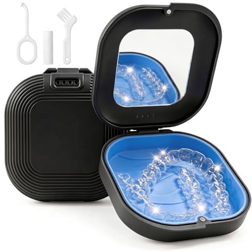 Retainer Case with Mirror, Aligner Case with Vent Holes for Invisalign, Portable Aligner Kit, Removable Silicone Liner, Orthodontic Storage Box Secure Magnetic Closure for Travel - Black - color: Black with Mirror