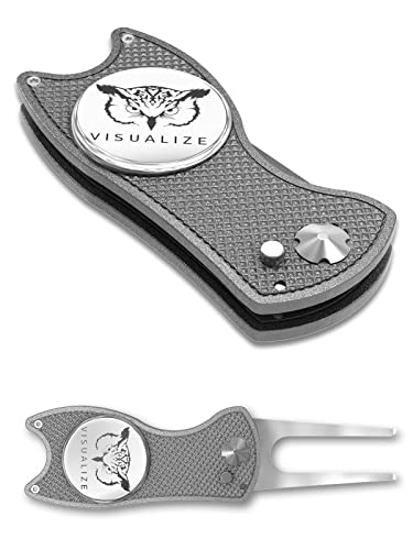 VISUALIZE Elite Switchblade Golf Divot Repair Tool Set with Ball Marker - Sturdy Anodized Aluminum - Perfect Golf Accessory Gift - color: Gun Metal Gray