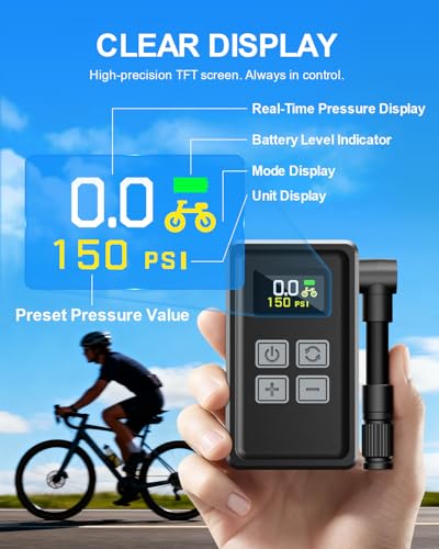 Mini Bike Pump 150PSI with Gauge, Fast Inflation Electric Air Pump, Portable Tire Inflator for Presta & Schrader Valve - Electric Bike, Mountain Bike, Road Bike, Motorcycle, Sports Ball