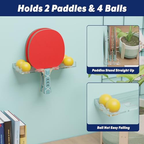 Cosmos Table Tennis Paddle Holder Ping Pong Paddle Wall Mount Shelf Rack Ping Pong Racket Display Stand Holding 2 Pcs Paddles and 4 Balls for Storing in Recreation Room Game Court - color: Transparent Clear