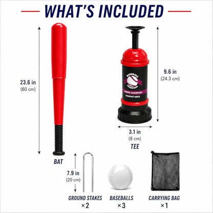 Pop Up Baseball Trainer Set for Kids, Backyard Fun, No Pitch Needed, Beginner Batting Practice Toy with Launcher, Bat, Balls & Carry Bag (Red) - color: Red
