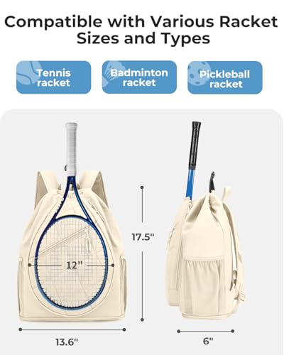 Drawstring Tennis Backpack, Puffer Tennis Racket Bag with Shoe Compartment & Wet Pocket Gym Bag for Women, Suitable for Pickleball Tennis Badminton - color: Beige