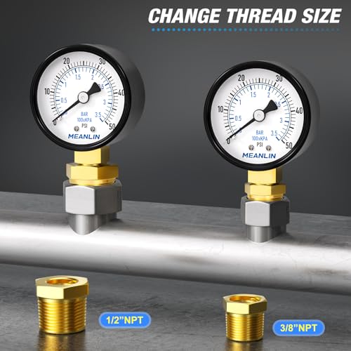0-50Psi 2" DIAL FACE 1/4" NPT Well Pump Pressure Gauge, with 1/2" NPT and 3/8" NPT Hex Bushing, 3-2-3% Accuracy, Lower Mount - size: 0-50Psi, style: 1/4"NPT Lower Mount