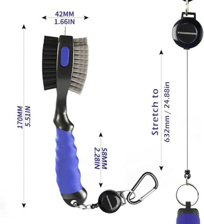 THIODOON 2 Pack Golf Club Brushes and Groove Cleaner 2 ft Retractable Zipline Carabiner Golf Brush Head with Retractable Spike Comfortable Grip Golf Club Cleaner - color: 2pcs Black & Blue