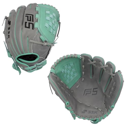 SSK FP5 Fastpitch Softball Glove – Infield - Outfield - Pitcher – 11.5”-11.75”-12”-12.25”-12.5”-12.75”-13”– Right & Left Hand Throw - color: Grey/Mint - Basket Web, size: 11.5" - Right Hand Throw