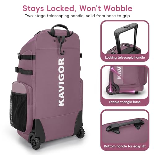 KAVIGOR 80L Rolling Baseball & Softball Bag for Youth & Adult, Holds 3 Gloves & 4 Bats, Custom Team Panel, Travel Ball Ready - color: Berry Pink