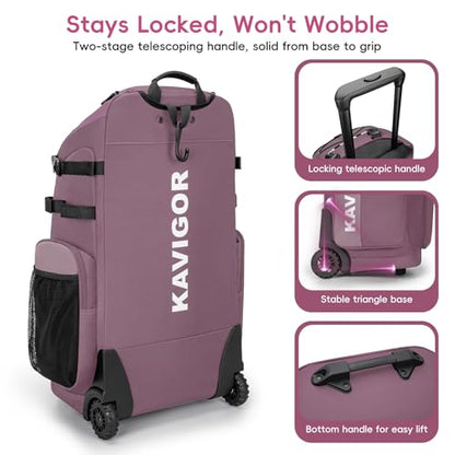 KAVIGOR 80L Rolling Baseball & Softball Bag for Youth & Adult, Holds 3 Gloves & 4 Bats, Custom Team Panel, Travel Ball Ready - color: Berry Pink