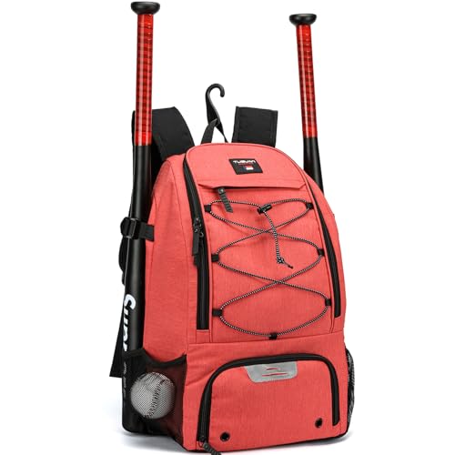 Baseball Backpack, Baseball Bag for Youth, Softball Bat Bag with Shoes Compartment, Laptop Compartment & Holds 2 Bats, Small Baseball Bat Equipment Bags for Fence Hook, Glove Holder & Helmet - color: Red