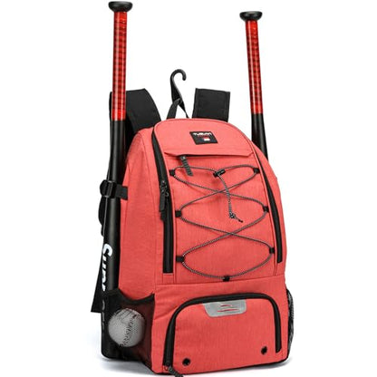 Baseball Backpack, Baseball Bag for Youth, Softball Bat Bag with Shoes Compartment, Laptop Compartment & Holds 2 Bats, Small Baseball Bat Equipment Bags for Fence Hook, Glove Holder & Helmet - color: Red