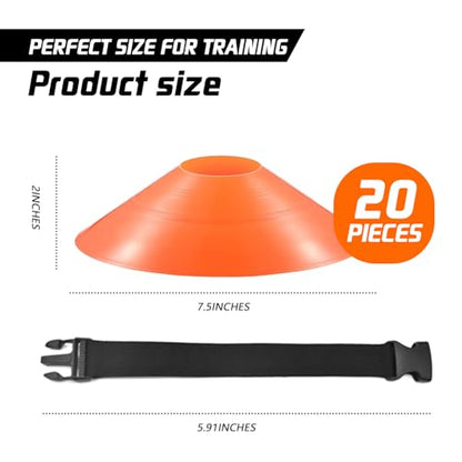 20Pcs Orange Soccer Disc Cones with Carry Strap Multi-Sport Training Cones Agility Soccer Football Markers for Sports Drills Practice Outdoor