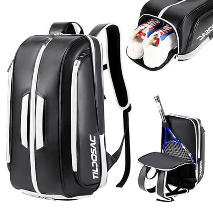 Tennis Racket Bag Pickleball Padel Backpack With Shoe Compartment, Laptop Sleeve,Fence Hook,Ball Sleeve - color: Black-White