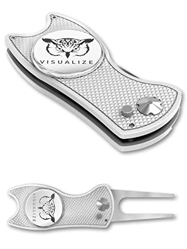 VISUALIZE Elite Switchblade Golf Divot Repair Tool Set with Ball Marker - Sturdy Anodized Aluminum - Perfect Golf Accessory Gift - color: Silver