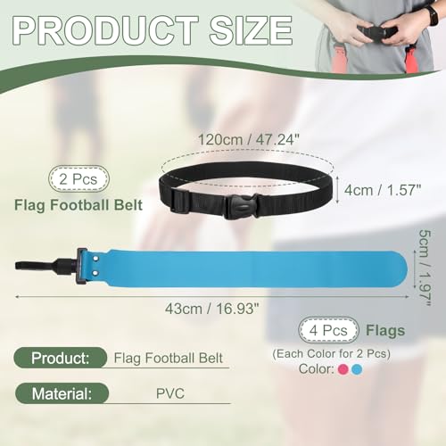 Flag Football, Adjustable Flag Football Belts with Belt and Flags Easy Tear Away - color: Rose Red/Sky Blue