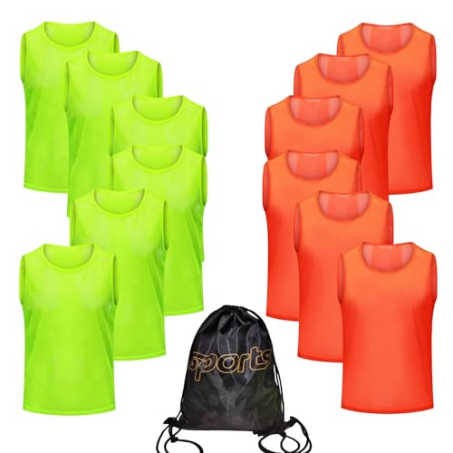 12/24/48PCS Pinnies Youth Team Pennies for Sports Kids and Scrimmage Vests for Soccer Basketball Jersey Practice - color: Orange+green-12, size: XL(For Adults)