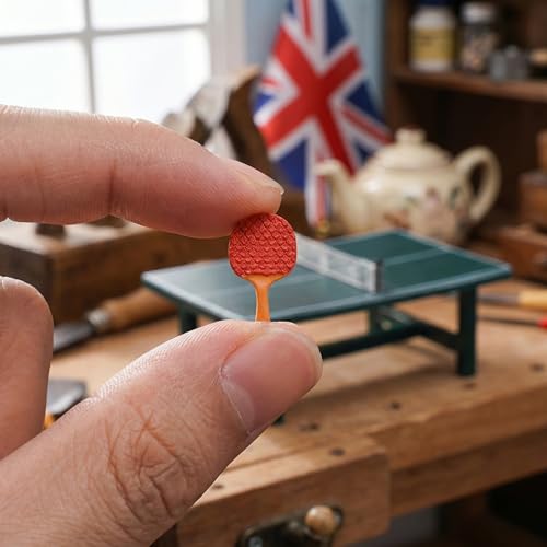 NUOBESTY Miniature Table Tennis Set for Dollhouse, Mini Ping Pong Table with 2 Rackets and Ball Doll House Sports Decor for Fairy Garden, Cake Topper, Photo Prop Scene, Collectors
