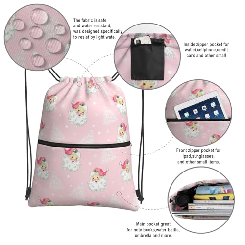 Christmas Tree Santa Claus Drawstring Bag, Waterproof Snowflake Drawstring Bckpack for Gym Sports Xmas Party Gift, Women Durable Pink Sackpack Bag with Front Zipper Pocket and Inside Zipper Pocket - color: Christmas Santa Claus Pink