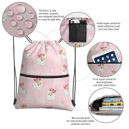 Christmas Tree Santa Claus Drawstring Bag, Waterproof Snowflake Drawstring Bckpack for Gym Sports Xmas Party Gift, Women Durable Pink Sackpack Bag with Front Zipper Pocket and Inside Zipper Pocket - color: Christmas Santa Claus Pink