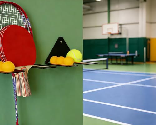 Ping Pong Paddle Holder Wall Mount, Metal Table Tennis Racket Display Rack with Ping Pong Ball Storage Container, Heavy Duty Iron Wall Shelf Organizer for Game Room Home Garage