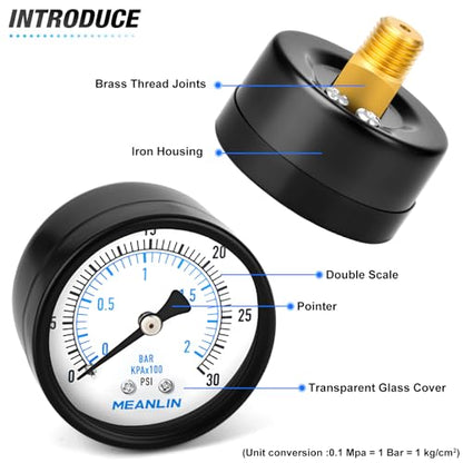 0-30Psi 2" DIAL FACE 1/4" NPT Well Pump Pressure Gauge, with 1/2" NPT and 3/8" NPT Hex Bushing, 3-2-3% Accuracy, Center Back Mount - size: 0-30Psi, style: 1/4"NPT Back Mount