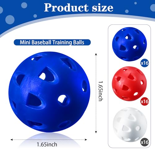 VioraWhite 48 Pack Mini Practice Baseballs 1. 65 Inch Small Baseball Training Lightweight Hollow with a Drawstring Bag for Hitting, Batting Training Use - color: Red，blue，white