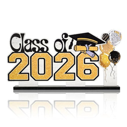 Smile 2026 Graduation Wooden Standing Decor Set, 2-Piece Class of 2026 Balloon Bouquet Tiered Tray Tabletop Signs with Stands for Graduation Party Decorations - style: Letter 2026