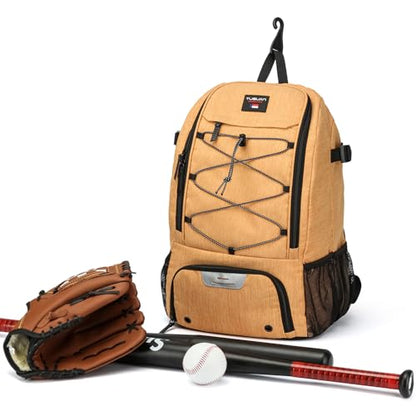 Baseball Backpack, Baseball Bag for Youth, Softball Bat Bag with Shoes Compartment, Laptop Compartment & Holds 2 Bats, Small Baseball Bat Equipment Bags for Fence Hook, Glove Holder & Helmet - color: Khaki