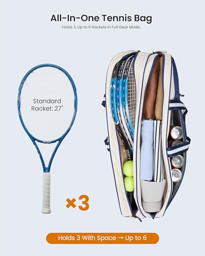 Tennis Bag for Women & Men, 3-6 Rackets Tennis Racket Bag with Shoe Compartment & Insulated Pocket, Water-Resistant Gym Bag, Perfect Tennis Accessories for Court Training & Daily Use - color: Navy Blue - Beige