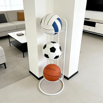Ball Storage Rack, White Metal, 3-Tier Vertical Organizer for Basketball, Soccer, Volleyball, Sports Equipment Holder (3-Tier) - size: 3-Tier