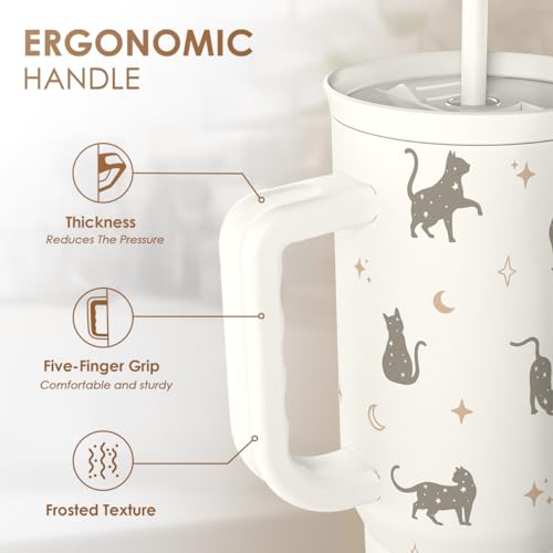 Gift for Cat Lovers Cat Mom – 40oz Stainless Steel Tumbler with Handle and Straw - Travel Coffee Mug for Women, Gift for Birthday, Christmas - color: Cat