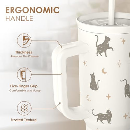 Gift for Cat Lovers Cat Mom – 40oz Stainless Steel Tumbler with Handle and Straw - Travel Coffee Mug for Women, Gift for Birthday, Christmas - color: Cat