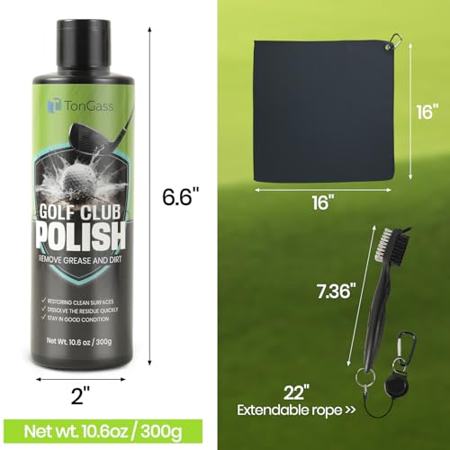 TonGass 3-in-1 Golf Club Cleaning Kit (300g Golf Polish+Cleaner Brush with Groove Sharpener+Cleaning Cloth) Golfs Club Cleaner Set with Retractable Hook Brush & Hookable Towel Complete Accessory Kit