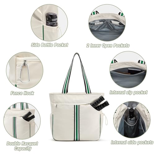 G4Free Pickleball Bag, Pickleball Tote Bag for Women Men, External Ball Bag with Shoe Compartment & Paddle Cover Pocket - color: Beige&green