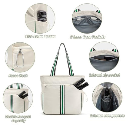 G4Free Pickleball Bag, Pickleball Tote Bag for Women Men, External Ball Bag with Shoe Compartment & Paddle Cover Pocket - color: Beige&green