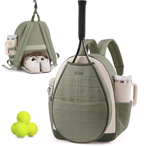 Tennis Bags for Women, Quilted Tennis Racket Bag Backpack for Tennis Racquet, Pickleball Paddles, Badminton - color: Light Green-beige-olive green with cup holder, size: Medium with Shoe Compartment